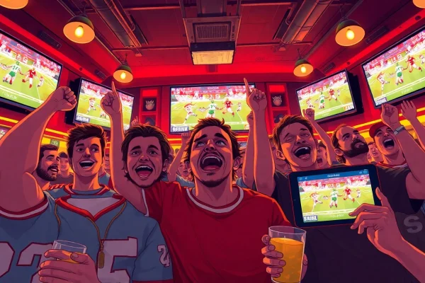Live football excitement at joemadfan.com with fans cheering in a sports bar setting.