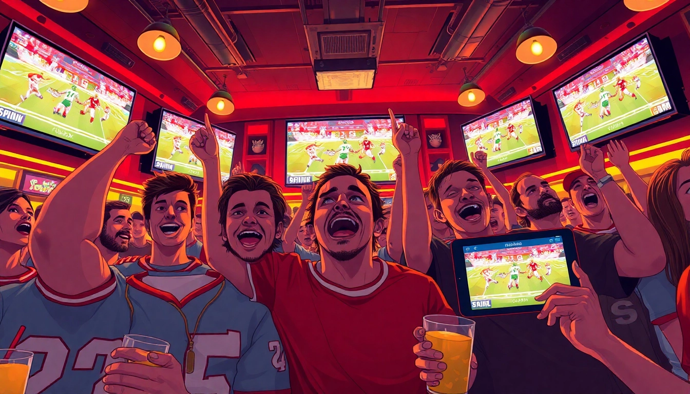 Live football excitement at joemadfan.com with fans cheering in a sports bar setting.