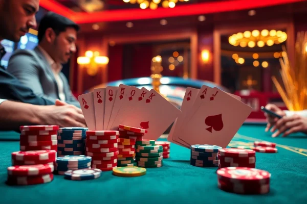 Engaging poker action scene with fun79 com, vibrant chips, and professional players showcasing high stakes.