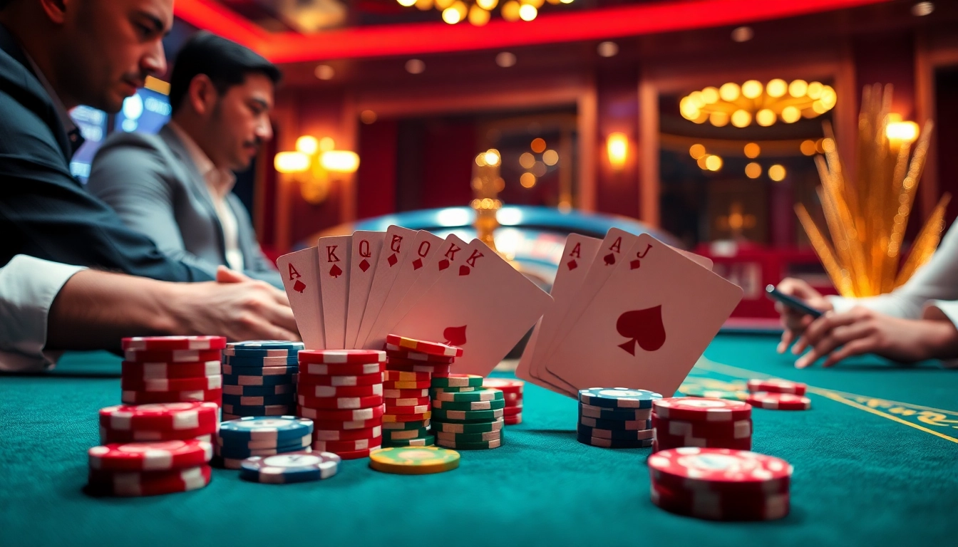 Engaging poker action scene with fun79 com, vibrant chips, and professional players showcasing high stakes.
