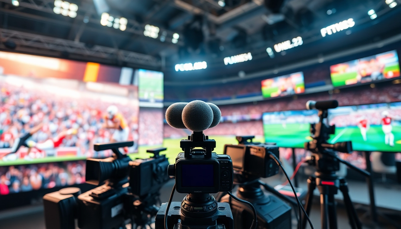 Engaging Sports Broadcasting setup featuring vibrant athlete displays and advanced equipment.