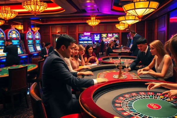 Experience thrilling gameplay at https://www.jun88.org/ featuring an exciting casino scene with players at poker and roulette tables.