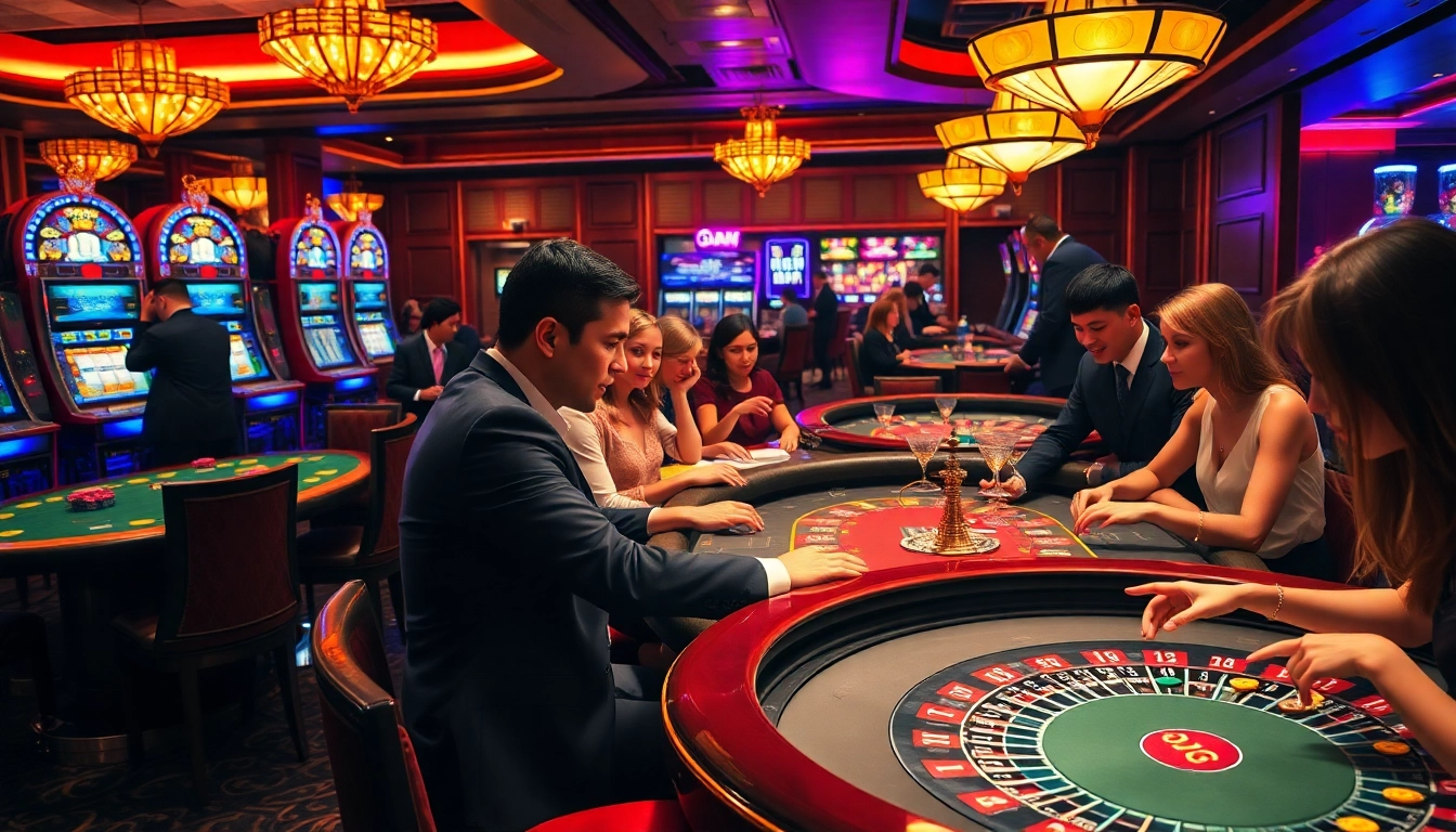 Experience thrilling gameplay at https://www.jun88.org/ featuring an exciting casino scene with players at poker and roulette tables.