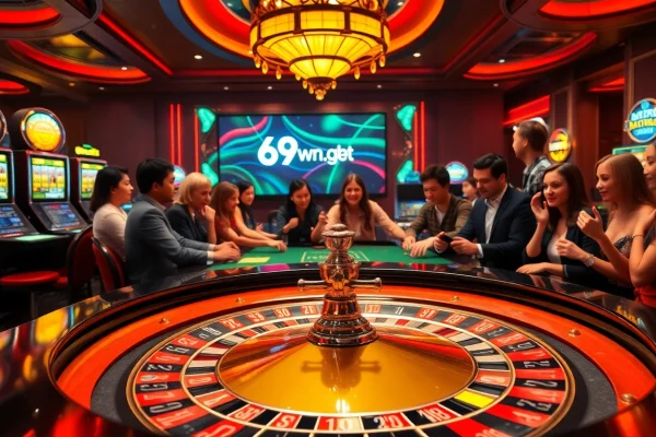 Excited players enjoying a roulette game at a luxurious casino, showcasing 69vn.gb.net's thrilling atmosphere.