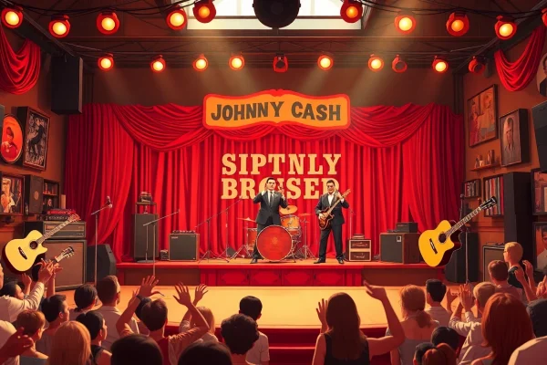 Celebration event at johnnycashbirthday.com showcasing lively performances and vintage decor honoring Johnny Cash's legacy.