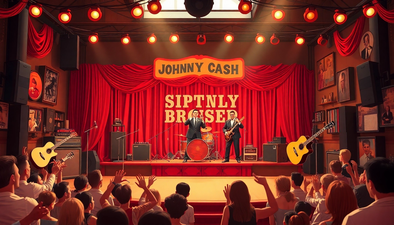 Celebration event at johnnycashbirthday.com showcasing lively performances and vintage decor honoring Johnny Cash's legacy.