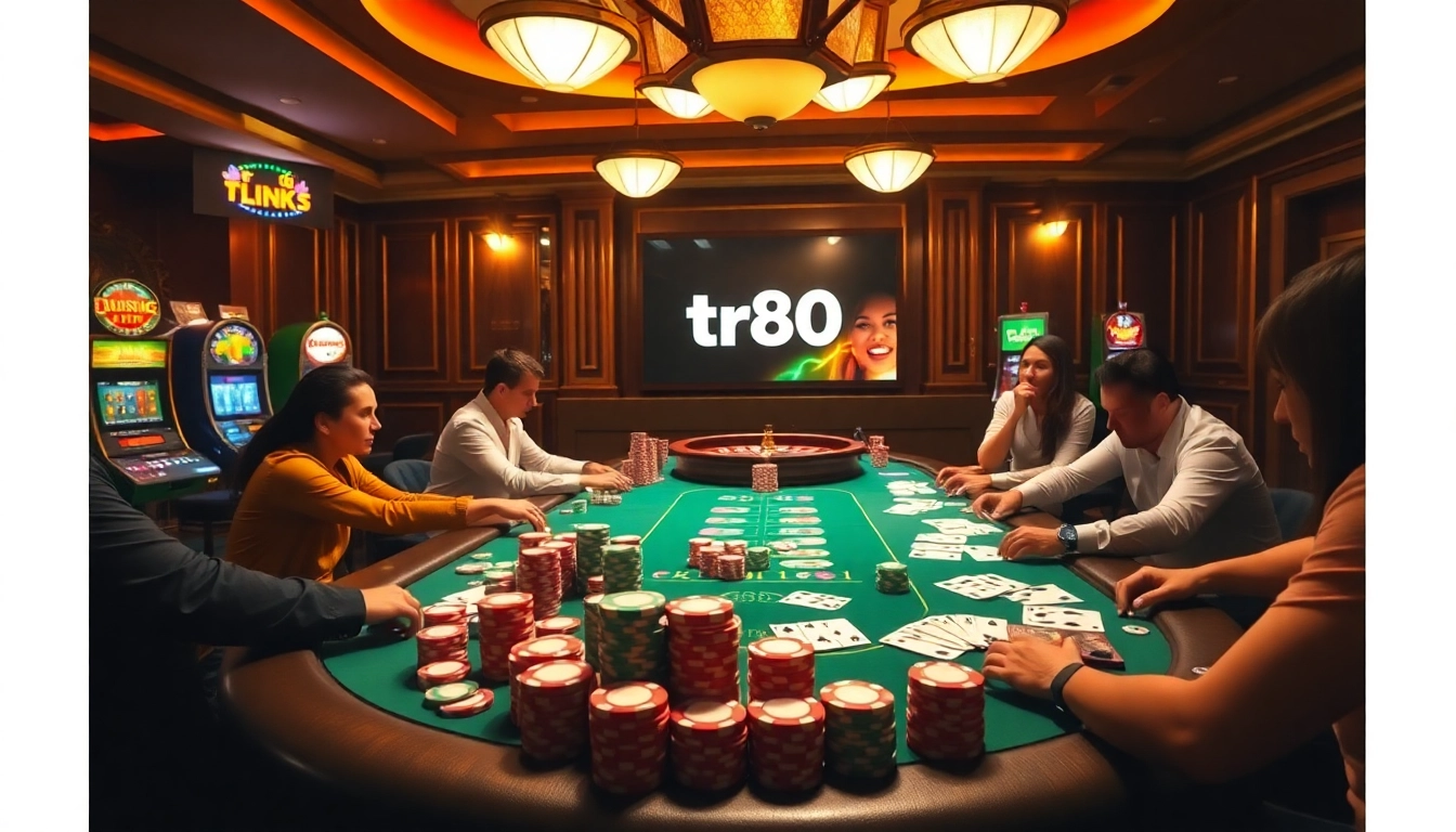 Engaging scene at a poker table showcasing the tr88 link with vibrant casino elements.