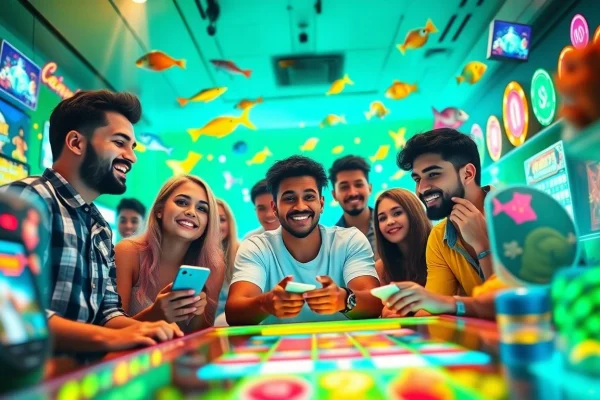 Experience the excitement of 888b.rodeo's gaming platform with friends enjoying fishing and casino games.