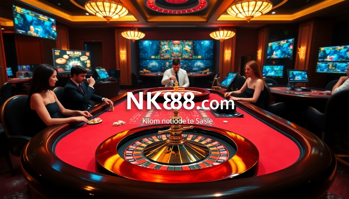 NK88.com casino scene with players enjoying blackjack and roulette, showcasing luxury and excitement.
