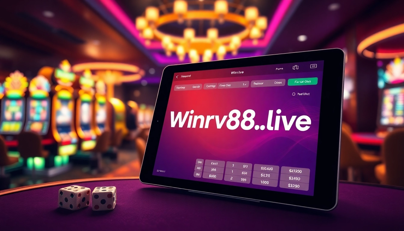 Vibrant online betting scene showcasing winvn88.live with a sleek tablet interface and casino elements.