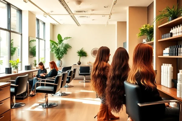 Beautiful salon interior at addendum salon showcasing vibrant hairstyles and eco-friendly Aveda products.