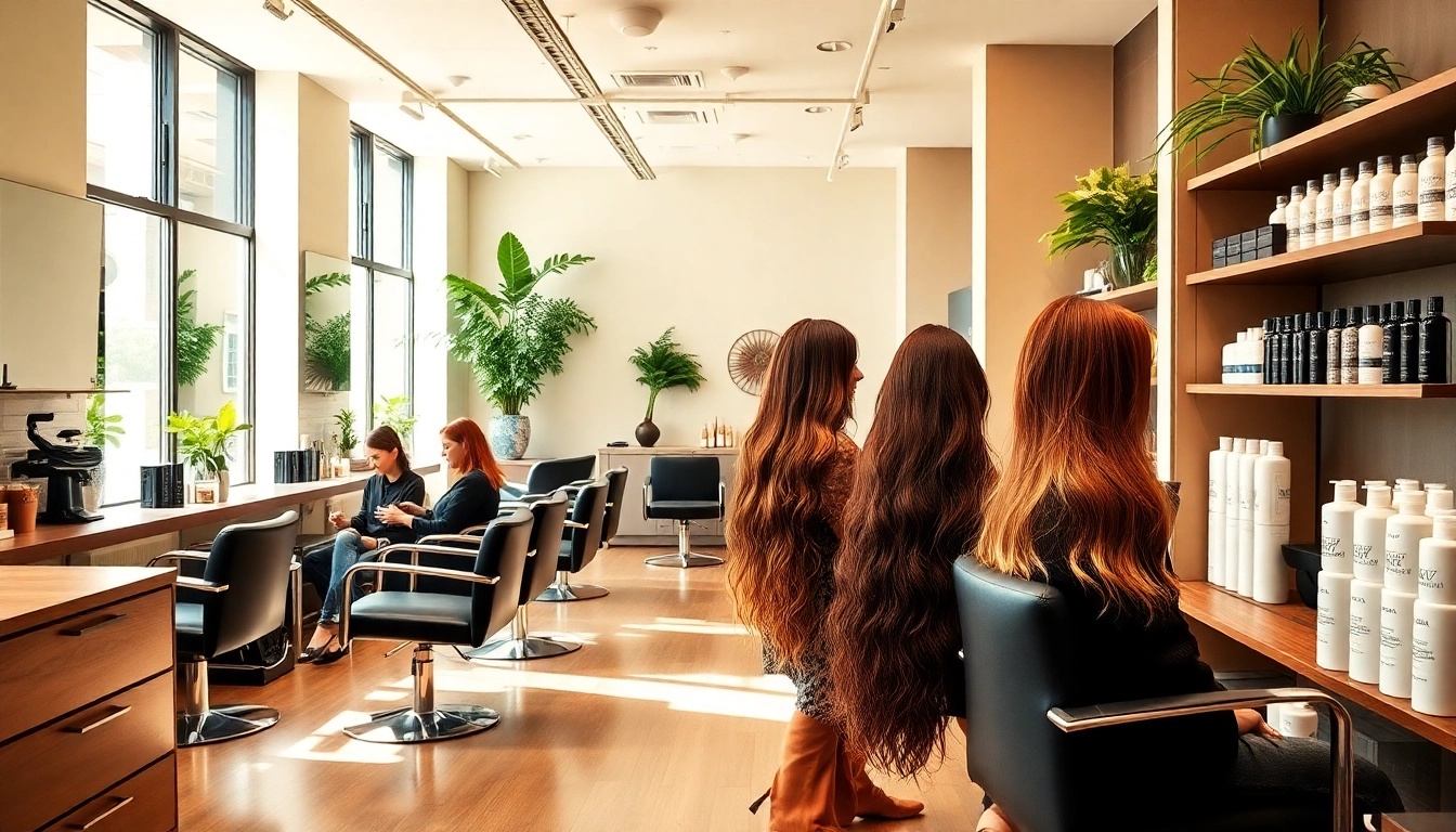Beautiful salon interior at addendum salon showcasing vibrant hairstyles and eco-friendly Aveda products.