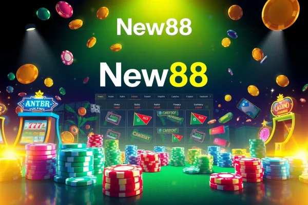 Dynamic online gambling scene featuring New88go.com gaming excitement with slot machines and poker chips.