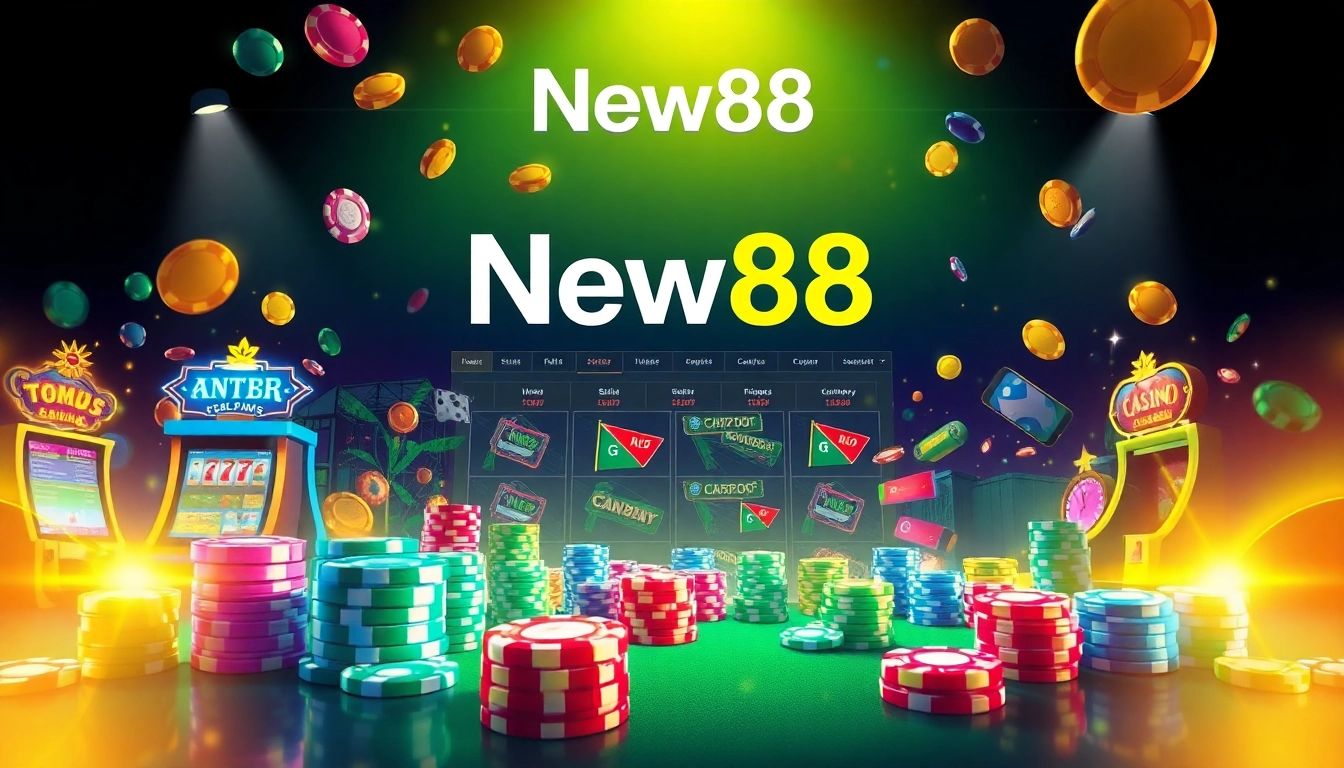 Dynamic online gambling scene featuring New88go.com gaming excitement with slot machines and poker chips.