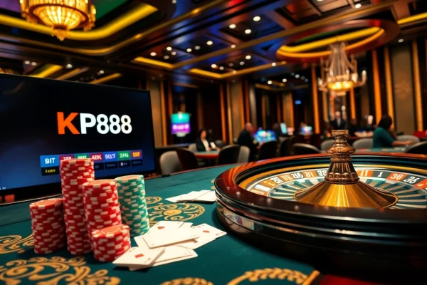 Link kp88 showcases an exciting casino scene with vibrant betting tables and cards.
