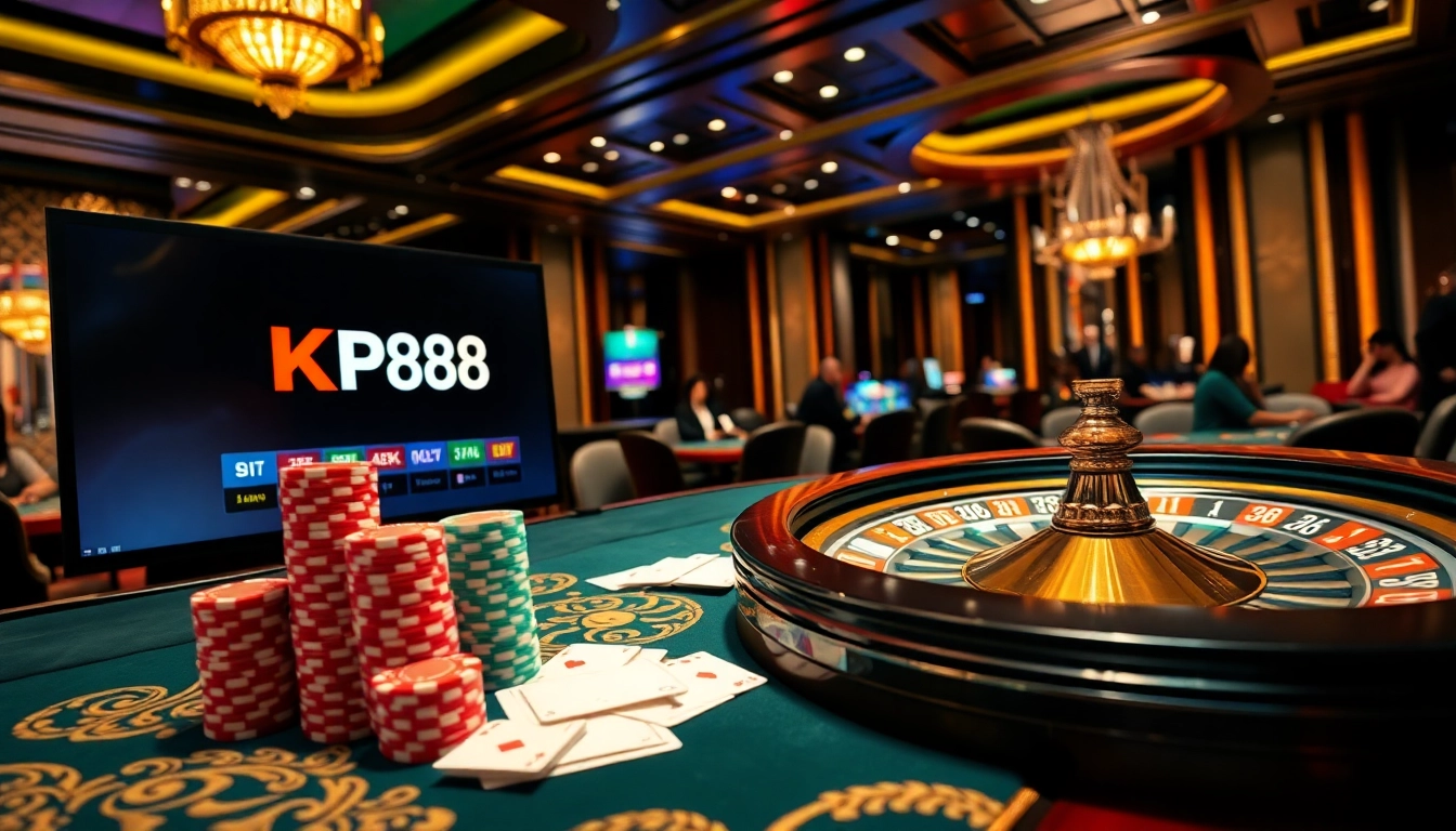 Link kp88 showcases an exciting casino scene with vibrant betting tables and cards.