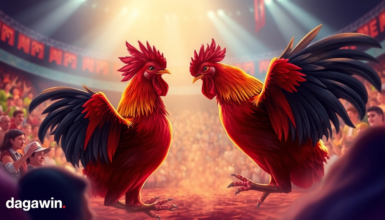 Exciting live cockfighting action at dagawin.live, showcasing vibrant digital gambling.